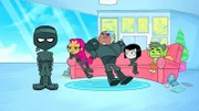 v.li: Robin, Starfire, Cyborg, Raven, Beast Boy
