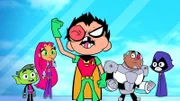 v.li.: Beast Boy, Starfire, Robin, Cyborg, Raven