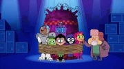 v.li.: Cyborg, Beast Boy, Robin, Raven, Starfire, Sticky Joe