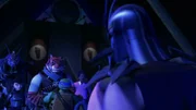 L-R: Rahzar, Karai, Tiger Claw, Leonardo, Baxter Stockman, Shredder