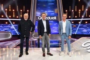 Aufzeichnung zum ARD-Quiz „Quizduell-Olymp“ Moderator Jörg Pilawa mit den Kandidaten des Teams "Legenden" die Moderatoren Gunther Emmerlich und Wolfgang Lippert.