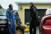 L-R: Rex (DIESEL VOM BURGIMWALD) and Charlie (JOHN REARDON) speak to the exterminator (ROB MONETTE)