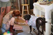 Mariah and Lizzy dressing Glenn for photo shoot.
