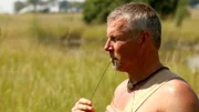 Joe hält in Namibia Gras in seinem Mund.