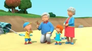Caillous Großeltern haben Caillous Strandspielzeuge versteckt und sich eine Schatzsuche ausgedacht, mit der er die Spielzeuge wiederfinden kann.
