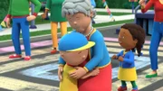 Omi bringt Caillou und seinen Freund:innen eine Line-Dance-Choreographie bei.