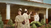 2D-CGI der Freigelassenen der Vetti, die ihren ehemaligen Herrn in Pompeji, Italien, verlassen.