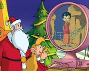 Der Weihnachtsmann, Trixi und Jordi möchten dem Jungen Karma das Fliegen ermöglichen.