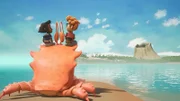 Dolores und Alexander genießen den Strandspaziergang auf dem Rücken von Krebsi, der Riesenkrabbe.