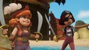 Kapt'n Raubein und Käpt'n Säbelrost werden die Pirate Academy mit allen Mitteln gegen die Riesenkrabbe verteidigen.