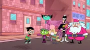 v.li.: Robin, Beast Boy, Tooth Fairy, Sticky Joe, Doctor Light, Santa Claus