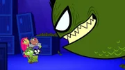 v.li.: Starfire, Beast Boy, Cyborg, Raven, The Avogodo