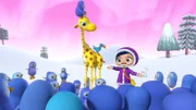 Wissper mit Giraffe Gertie und Vogel Otis bei den Pinguinen.