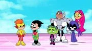 v.li.: Kid Flash, Robin, Beast Boy, Cyborg, Raven, Starfire