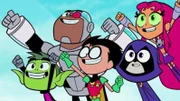 v.li.: Beast Boy, Cyborg, Robin, Raven, Starfire