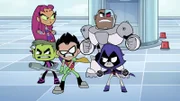v.li.: Starfire, Beast Boy, Robin, Cyborg, Raven