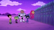 v.li.: Robin, Beast Boy, Cyborg, Raven, Starfire.