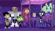 v.li.: Robin, Cyborg, Beast Boy, Starfire, Raven
