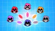v.li.: Purple Raven, Red Raven, Pink Raven, Raven (unten), Orange Raven, Gray Raven