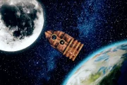 Schrifsteller Jules Verne beim Flug zum Mond