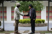 Santa Cruz De La Sierra, Bolivia - Morgan Freeman shakes hands with the President of Bolivia, Evo Morales, prior to their interview.