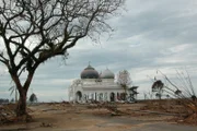 Der Rohbau einer Moschee steht allein in einer verwüsteten Landschaft nach dem Tsunami in Lhoknga, Indonesien.