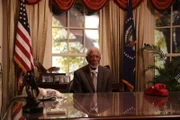 Simi Valley, CA - Morgan Freeman sits in a replica of the President's office at the Reagan Library.