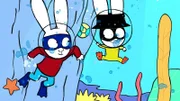 Unterwasser gehen Superhase (links) und Captain Hase (rechts) auf die Suche nach ihrem gestohlenen Raumschiff.