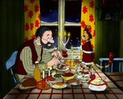 Pettersson und Findus genießen ihr Weihnachtsessen.