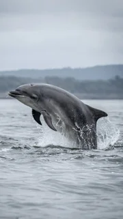 Ein Delfin springt aus dem Wasser. Um Luft zu schnappen müssen die Tümmler regelmäßig an die Wasseroberfläche kommen, da sie wie wir Menschen eine Lunge haben.