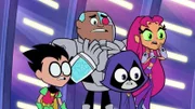 v.li.: Robin, Cyborg, Raven, Starfire