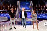 Moderator Jörg Pilawa mit den Kandidaten des Teams "Moderation": Markus Lanz und Sylvie Meis.