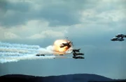 28 Aug 1988, Ramstein, Germany --- Italian Air Force jets colliding mid-air during the Ramstein Air Show. Three aircraft of the Frecce Tricolori team collided, sending one into the crowd at the U.S. Ramstein Air Base, killing 3 pilots and 67 spectators, and injuring hundreds more. It was one of the world's worst airshow disasters.