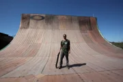 Bob Burnquist’s stands on his 75ft (22m) tall mega ramp.