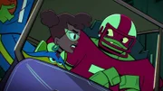 v.li.: Mayhem, April O'Neil, Raphael