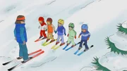 Alex ist Connis Skilehrer, geduldig erklärt er Conni und den anderen Kindern, wie sie bremsen sollen.