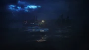 Augusta kracht in einer stürmischen, dunklen Nacht mit Blitzen im Hintergrund auf die Lady Elgin. Ort - Lake Michigan.