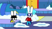 Captain Hase (links) und Superhase (rechts) folgen den Fußspuren, die sie hoffentlich zum Schurken führen, der alles eingefroren hat.