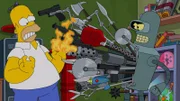 Homer (l.) findet spät heraus, warum Bender (r.) in die Vergangenheit gekommen ist ...