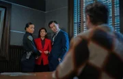 (L-R): Carra Patterson as Kaya Blanke, Carrie Preston as Elsbeth Tascioni, Johnny M. Wu as Det. Joey Browner, and Greg Hildreth as Lewis Blecher Jr