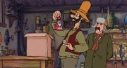 Nachbar Gustavsson bringt Pettersson eine Schachtel mit aufziehbaren Weihnachtsmännern, die der gut für seine Erfindung brauchen kann.