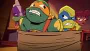v.li.: Donatello, Michelangelo, Leonardo, April O'Neil