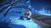 Mit Lassies Hilfe sind Zoé und das Wolfsjunge im Boot auf die andere Seite des zugefrorenen Sees gelangt.