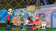 L-R: Barnacle Boy, Mermaid Man, Squidward, Mr. Krabs, Patrick, Sandy.