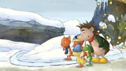Der Sack mit den Wunschzetteln ist weg! Rupert und die Kinder folgen den Schlittenspuren.