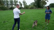 Hundetrainer Steve Kaye (l) schaut sich das Jagdverhalten von Hündin Mavi in ihrem gewohnten Umfeld an und gibt Natascha erste Tipps, worauf sie zu achten hat.