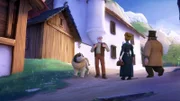 Großvater begegnet Herrn und Frau Keller auf dem Weg nach Mayenfeld.