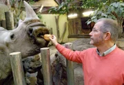 Zoodirektor Jörg Adler schaut nach den Nashörnern und bringt gleich ein Frühstücksbrötchen mit.