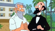 Der Direktor der psychiatrischen Klinik (l.) versichert dem verrückt gewordenen Professor Siclone (r.), dass sein Freund Tim in guten Händen sei.