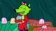 In der Fantasiewelt hat Professor Wolf allerhand schleimiges Getier in einer Höhle gesammelt, um Schleim für seine Klebepistole zu sammeln.